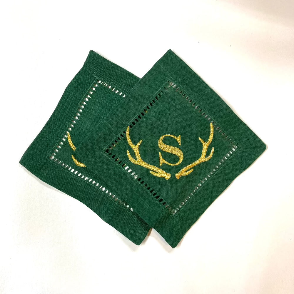 Antler Monogrammed Jasper Green Cocktail Napkins