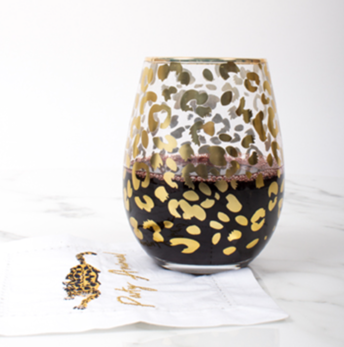 Gold Leopard Stemless Wine Glass