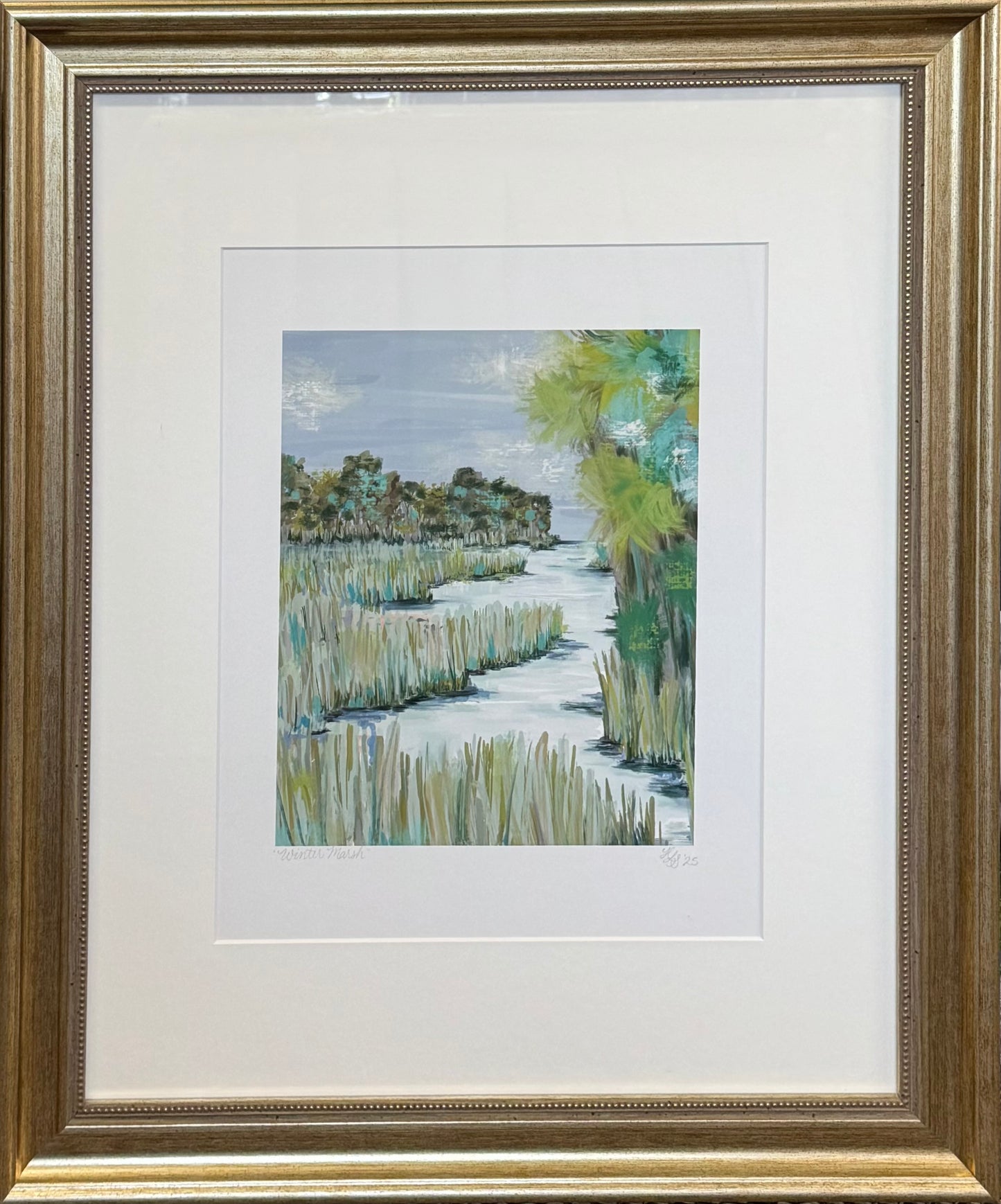 Wintry scene in greens and blues