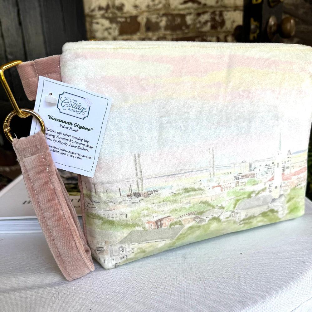Wristlet bag with velvet Savannah GA skyline featuring Talmadge bridge