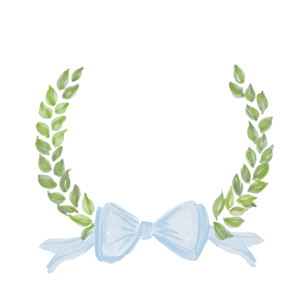 Decorative wreath with green leaves and a blue bow on a white background