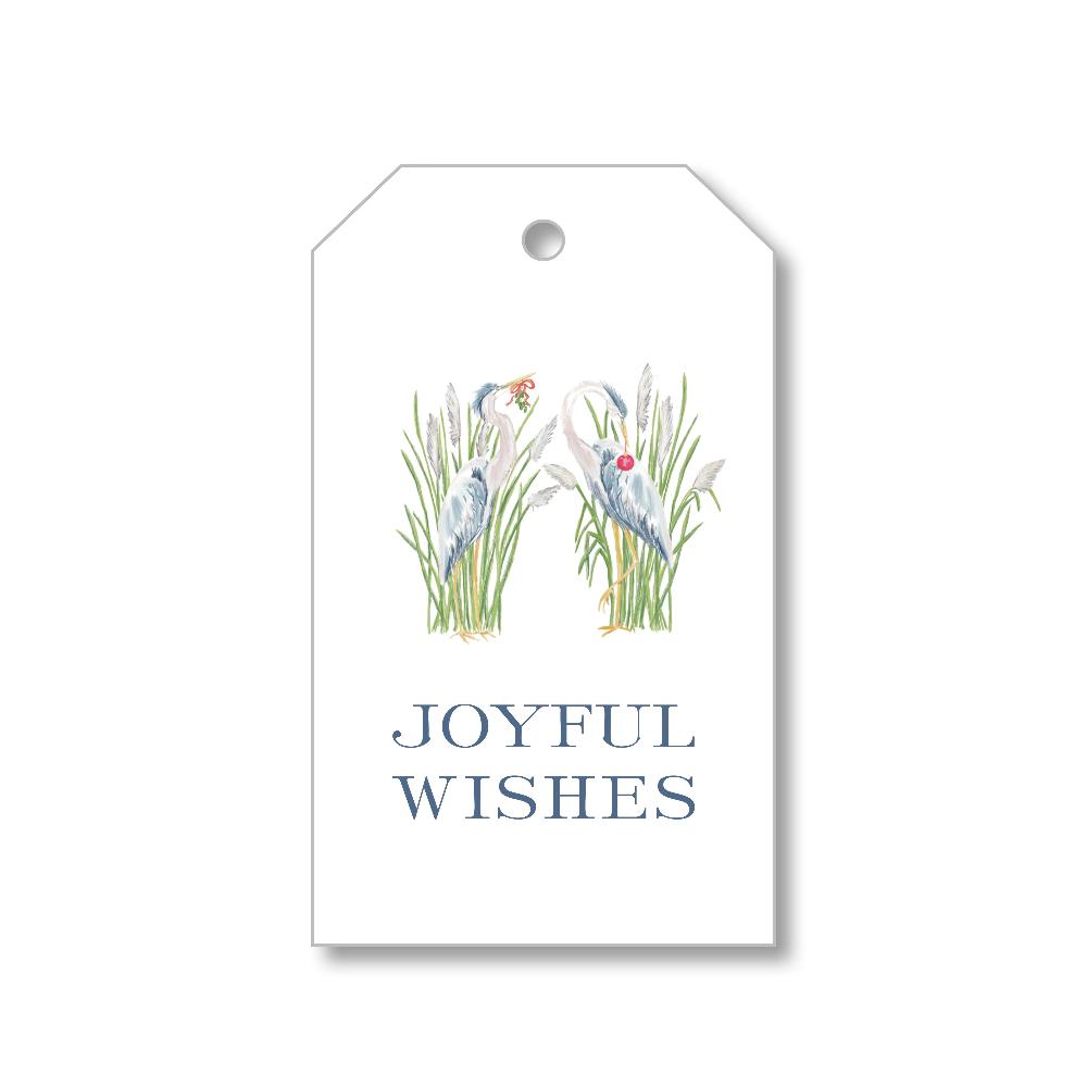 Paper gift tag with blue herons and joyful wishes