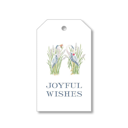 Paper gift tag with blue herons and joyful wishes