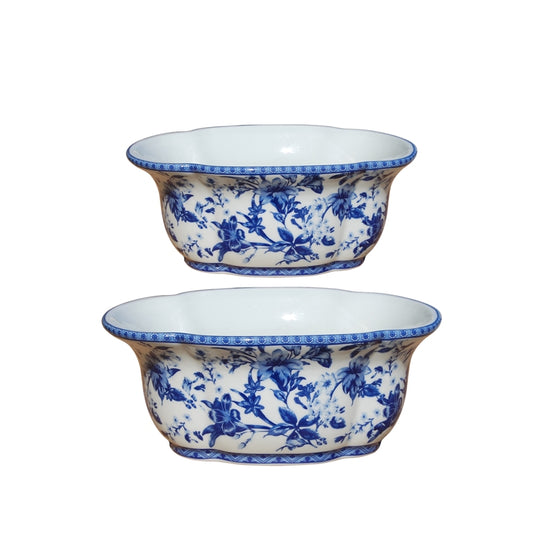 Blue and White Oval Cachepot