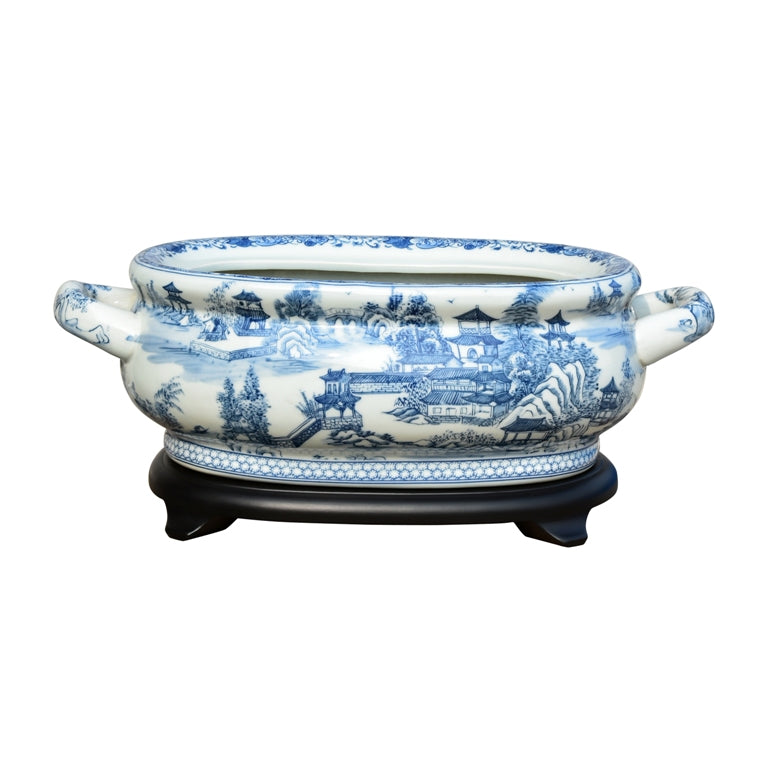 Blue and White Oval Cachepot w/base