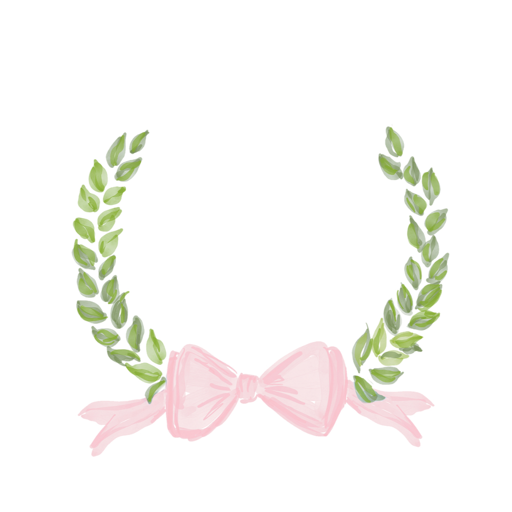 Decorative wreath with green leaves and a pink bow on a white background