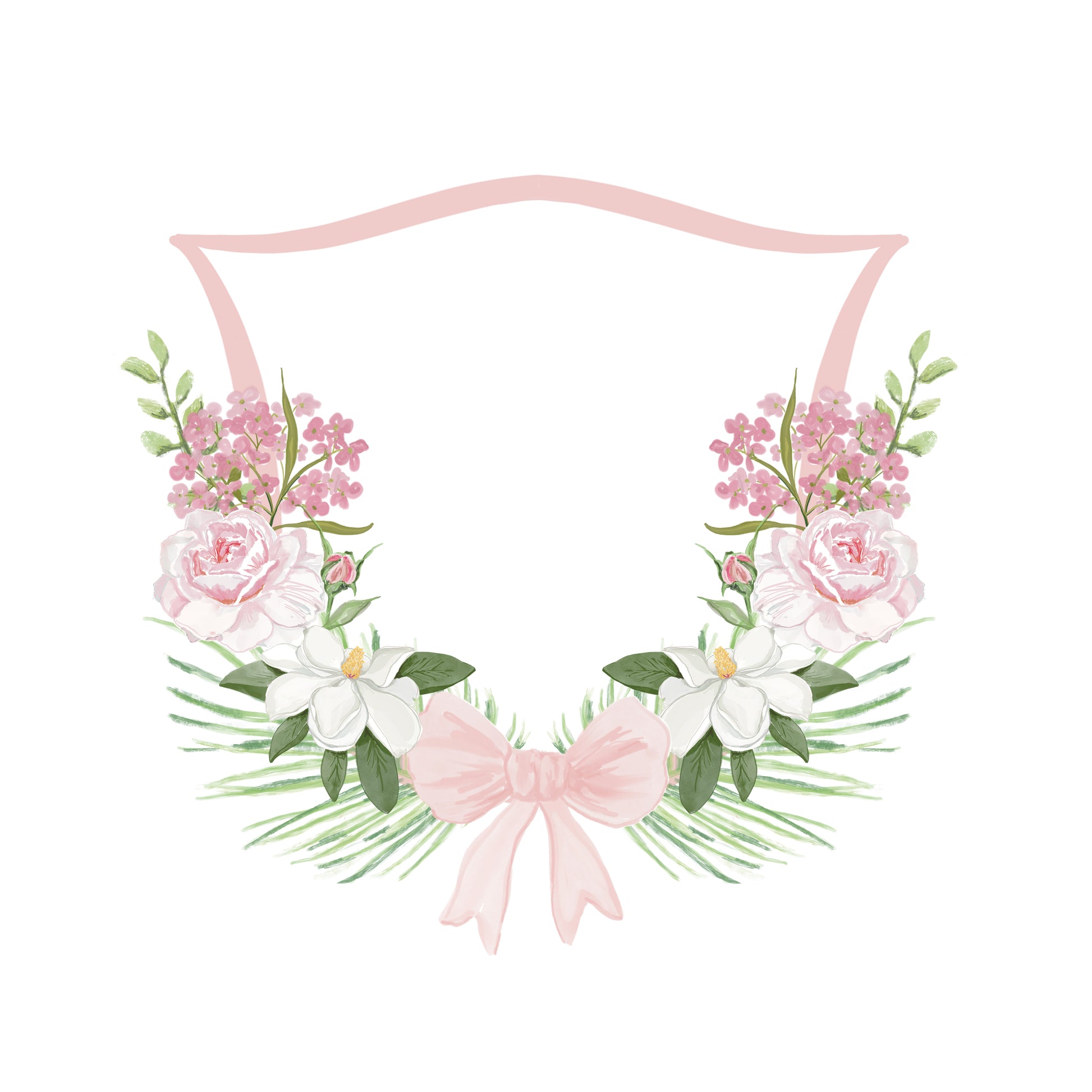 Floral wreath with pink bow on a white background