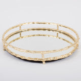 Round Mirrored Tray Gold Bamboo