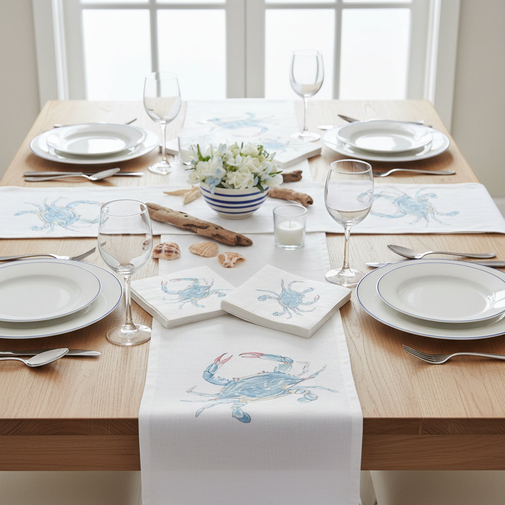 Stacks of napkins with nature-themed designs on a table.